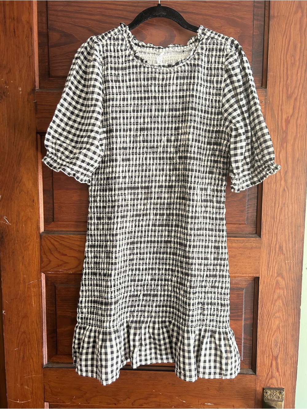 American Eagle Gingham Smocked Ruffle Hem Dress - Black & White